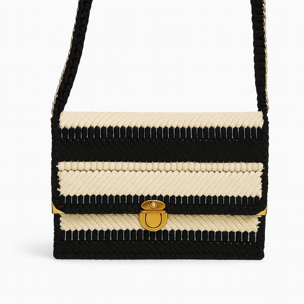 Bolso artesanal de rayas en blanco y negro