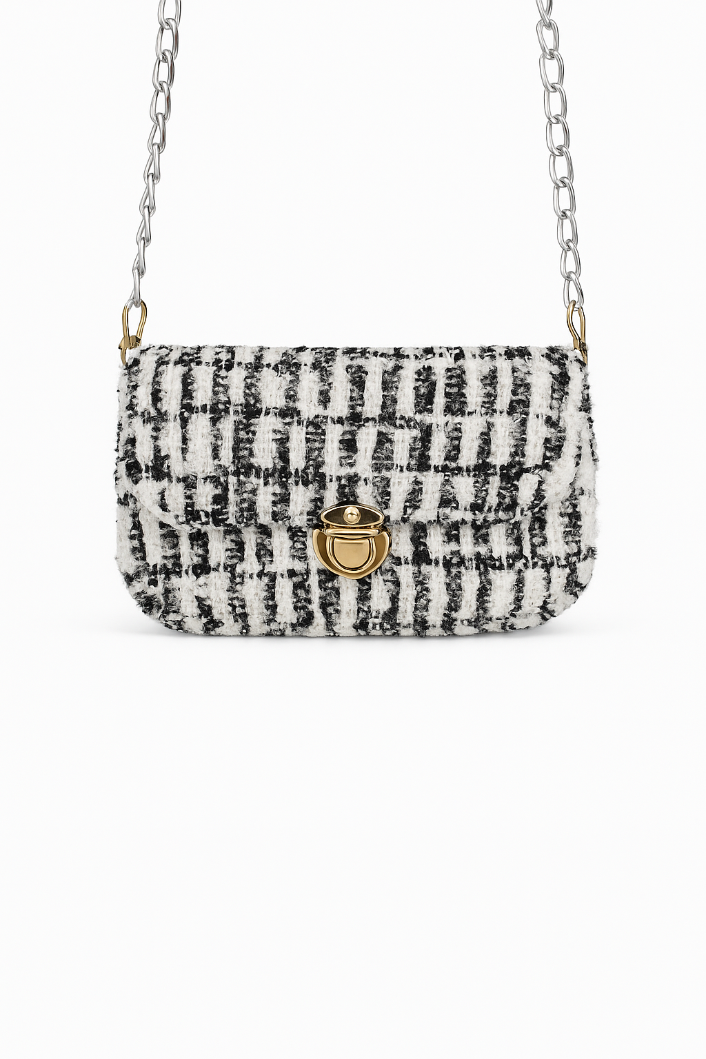 Bolso de Mano Texturizado Blanco y Negro con Cadena Plateada