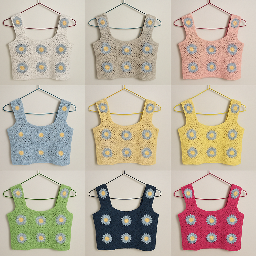 Top de crochet con margaritas – Hecho a mano  (SE HACEN POR EN CARGO ,TIEMPO PARA TEJER 3-5 DIAS)